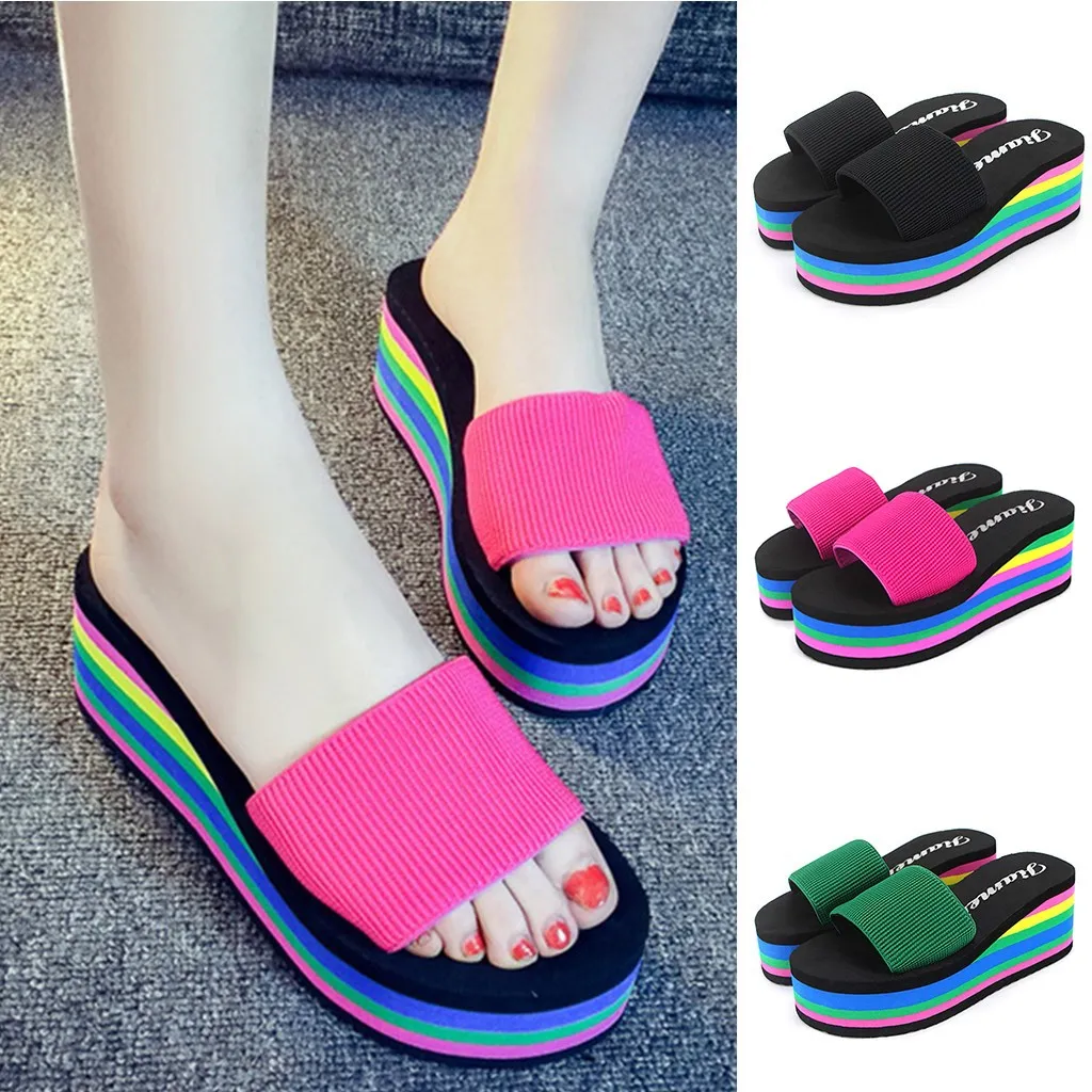 

Platform Bath Slippers Women Wedges Beach Slides Female Slides Rainbow Flip Flops Home Slipper High Heel Casual Shoes C50