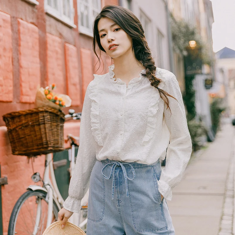 

INMAN 2020 Spring New Arrival Cotton Stringy Selvage Jacquard Weave Cute Girlish Age-reducing Long Sleeve Blouse