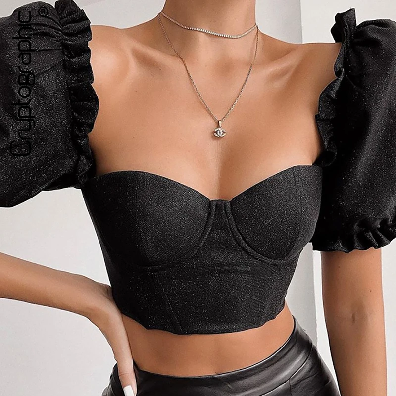 Online Criptográfico Plaza color negro Mujer Tops y blusas camiseta volantes crop Tops cortos de manga Puff delgada Streetwear