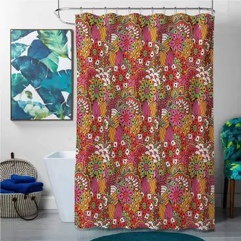 

Shower Curtains Navy Blue Colorful,Pattern with Floral Elements Vibrant Colored Petals and Leaves in Hand Drawn