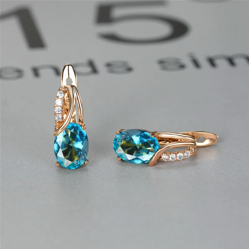 Aqua Blue Zircon Oval Stone Earrings Multicolor Crystal Hoop Earrings Rose Gold Color Engagement Earrings For Women Boho Jewelry
