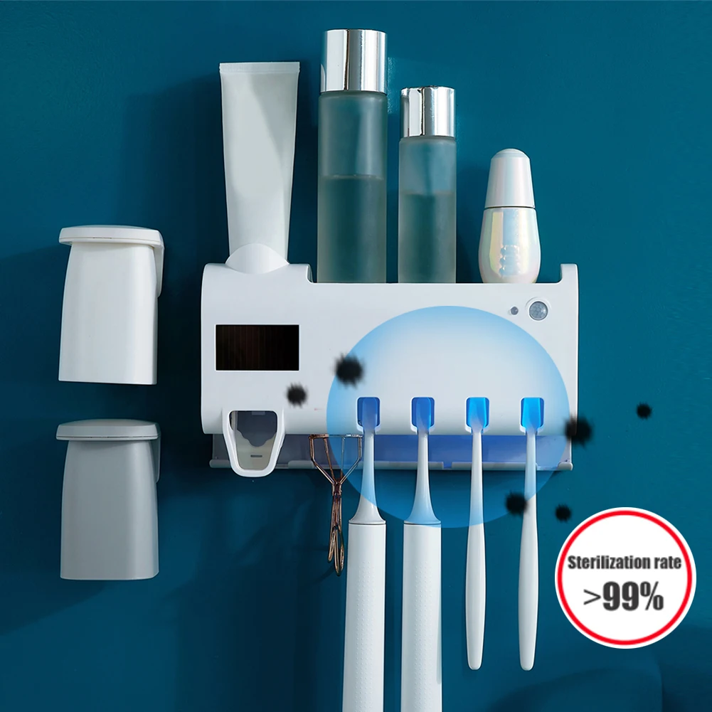

LED Ultraviolet Toothbrush Sterilizer With Infrared Induction Solar Charging Automatic Toothpaste Dispenser Bathroom Set Newest