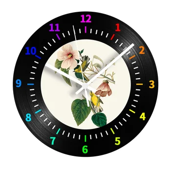 

Flower Birds Vinyl Record Clock Silent Mechanism Living Room Decorative Digital Wall Clock Modern Design 12 Inches