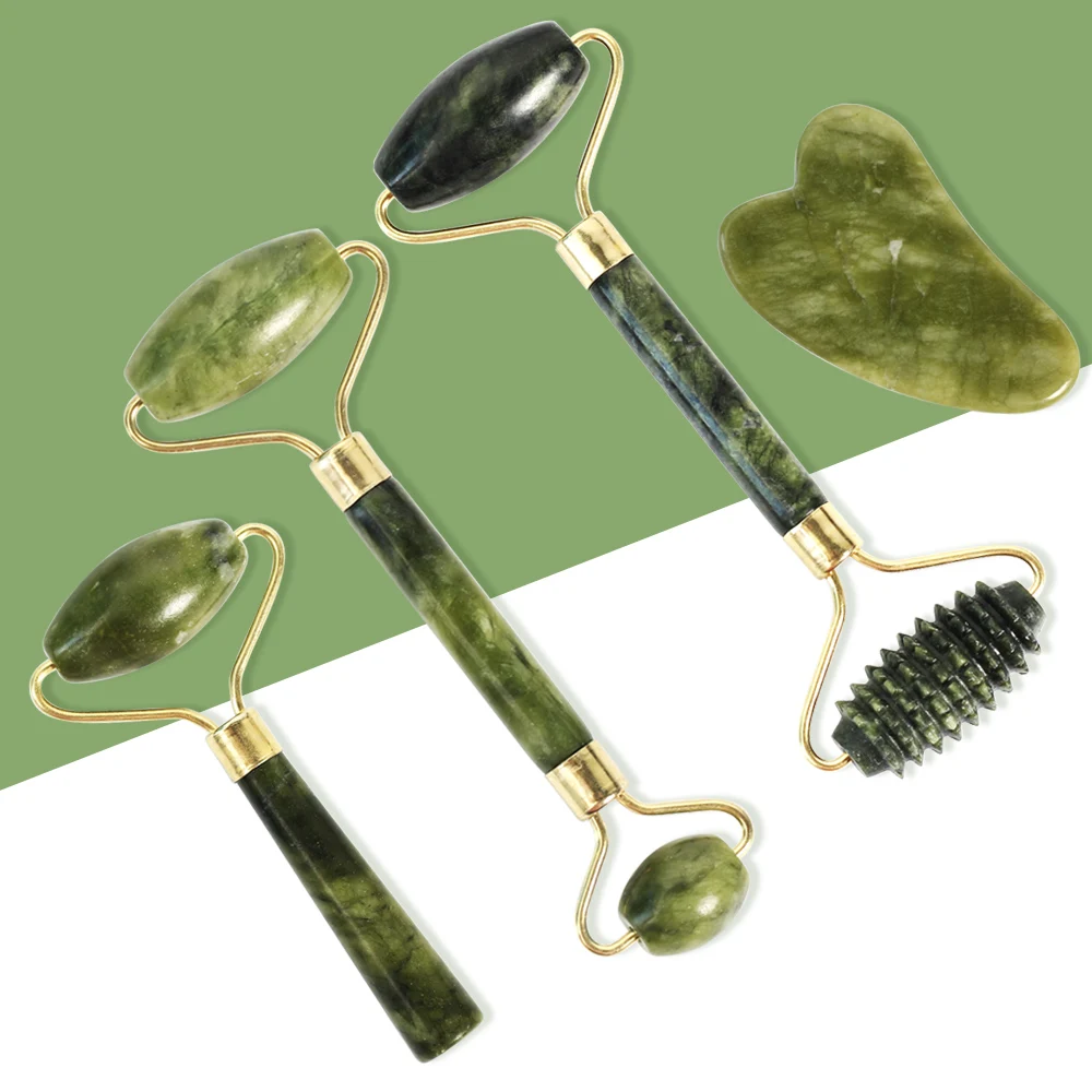 

Anti Aging Natural Jade Roller for face and Gua Sha Massage Tool Set Therapy Facial Roller with Double Neck Slimming Massager
