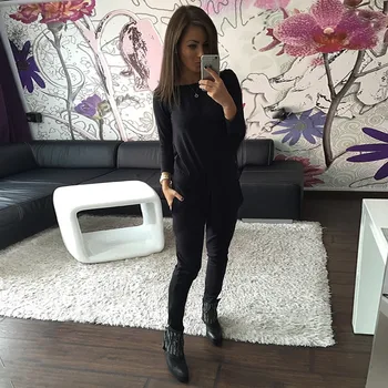 

Two Pieces Fashion Women Ladies Slash Neck Off Shoulder Long Sleeve T-shirt Tops High Waist Loose Causal Pants Rompers Trousers