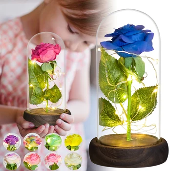 

Beauty and The Beast Red Rose In Glass Dome Artificial Flowers LED Light Lamp for Wedding Valentine's Gifts Christmas Birthday