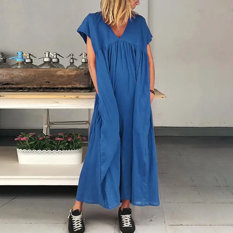 

Women Sundress ZANZEA Summer V Neck Short Sleeve Long Dress Cotton Linen Vestido Solid Beach Party Dresses K Femme Robe aftan