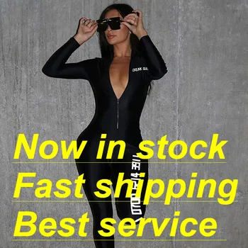 

Sexy Lady Letter Print Black Jumpsuit Women Long Sleeve Zipper Front Thin Casual Sports Lady Jumpsuit