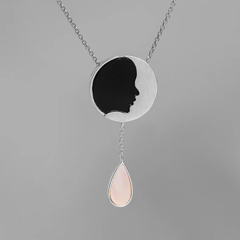 INATURE Good Night 925 Sterling Silver Fashion Abstract Moon Face Pendant Necklace for Women Jewelry Bijoux