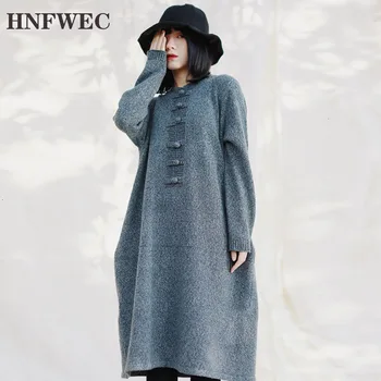 

2019 Retro Knitted Dress Winter New Loose Wild Solid Color Round Neck Mid-length sweater Dress Women Y502