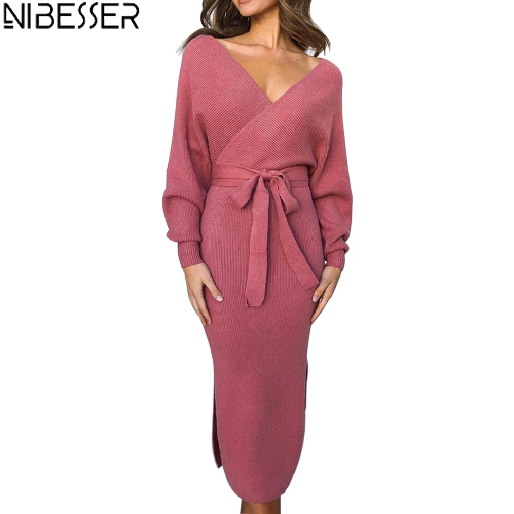 

NIBESSER Trendy Sexy Deep V Neck Long Sleeve Bodycon Knitted Sweater Dress Women Autumn Winter Casual Wrap Club Dress Vestidos
