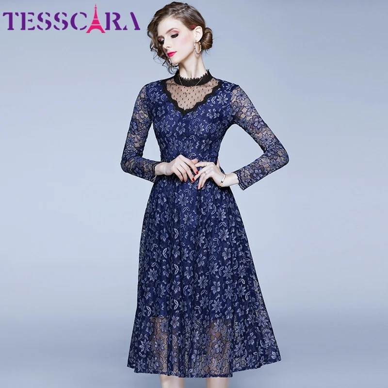 Blue TESSCARA женское весеннее элегантное кружевное платье Festa женские офисные вечерние платья высокого качества сетчатые дизайнерские винтажные коктейльные платья - Цвет: Blue