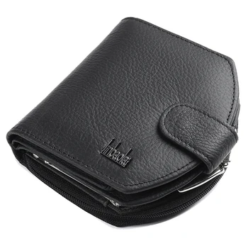 

JINBAOLAI Wallet Lady Leather Zipper Tri Fold Leather Buckle Wallet Wallet Tide Black