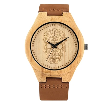 

Retro Skull Wood Watch Quartz Brown Leather Strap Ghost Punk Sports Watch for Men Gifts Analog Clock Hours reloj para hombre