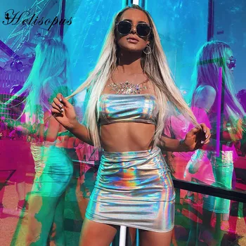 

Helisopus New Wet Look Slim Holographic Two Piece Set Women Sexy Crop Top and Bodycon Mini Skirt Club Party Outfits