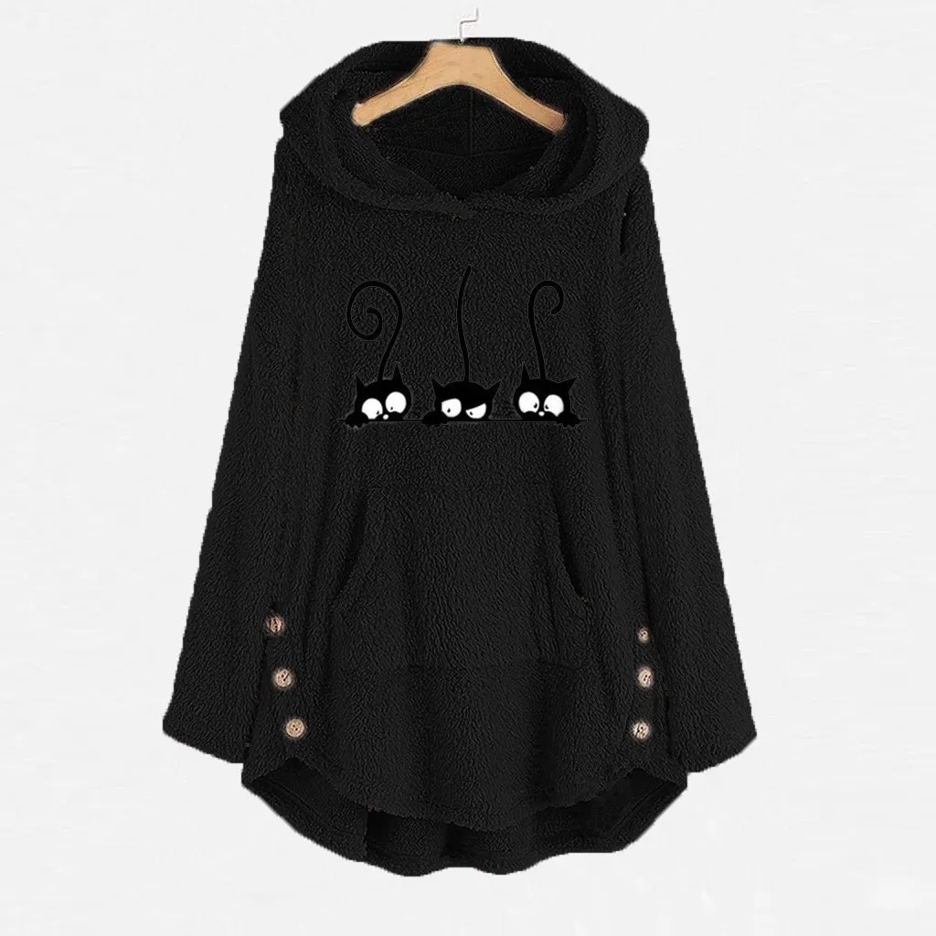 Милые уличные модные женские толстовки Harajuku Kawaii Cat Вышивка толстовка с капюшоном Вышивка плюс бархатный пуловер Топы d