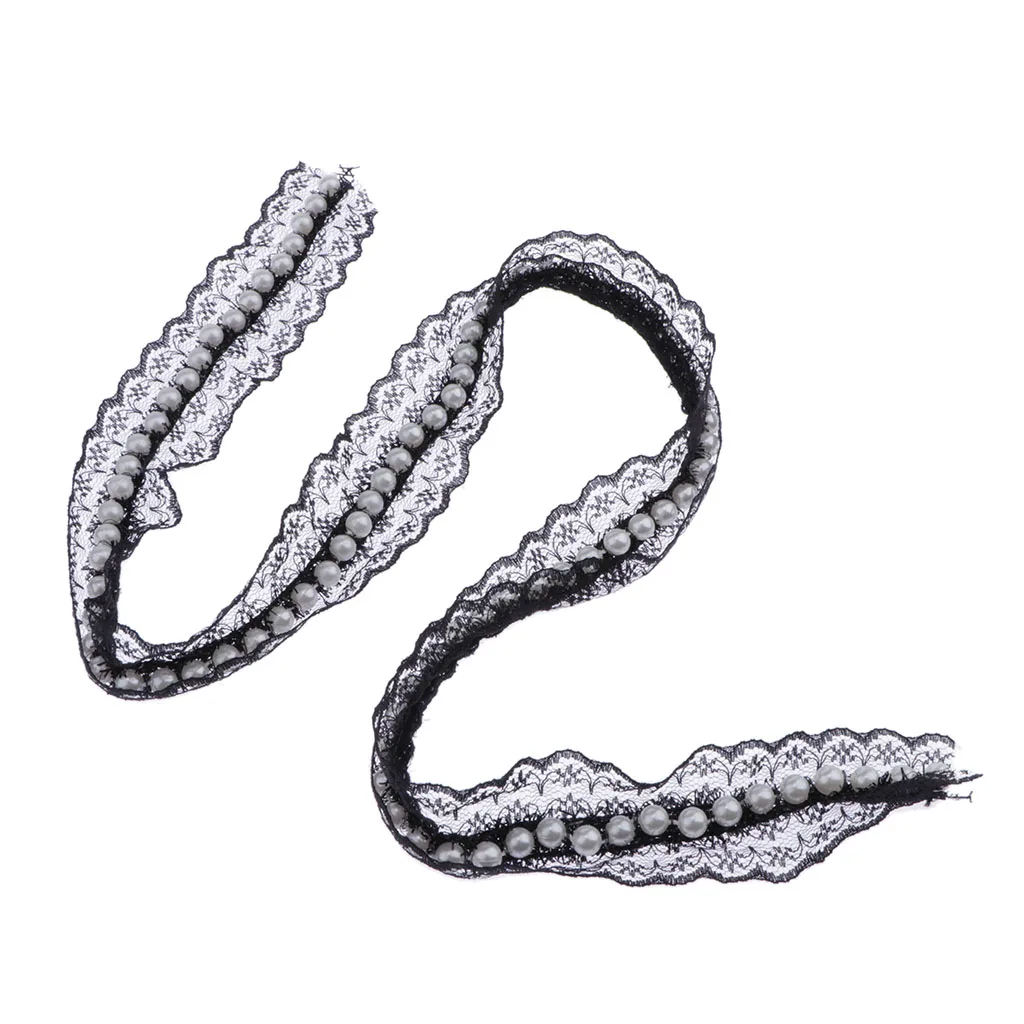 1 Yard Embroidery Lace Ribbon Trim with Pearl Cushion Curtain Ornament Tulle Mesh Craft Ribbon for Dress Decor Sewing Accessory
