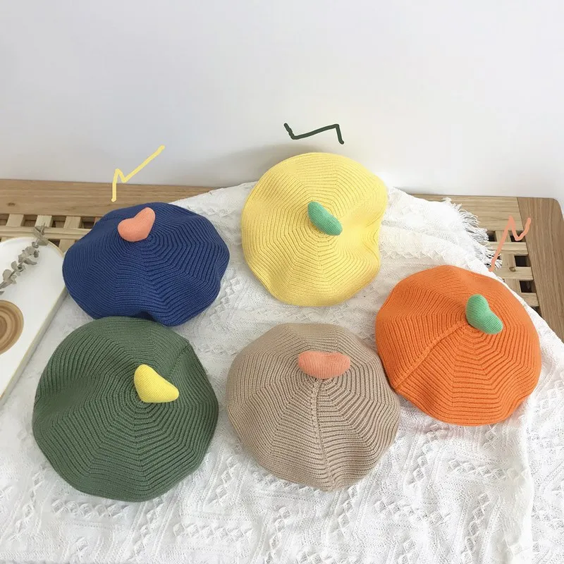 Korean Style Three Dimensional Love Children's Knitted Beret Hat Autumn Winter Baby Pumpkin Hat Artist Painter Woolen Cap