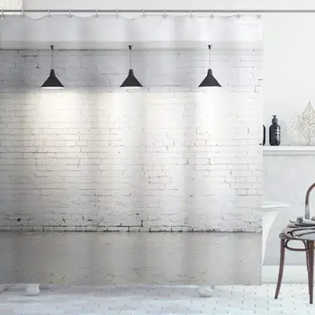 

Abstract Shower Curtain, Brickwork Concrete Room with 3 Ceiling Lamps Modern Minimalistic Design Fabric Bathroom Decor Set with