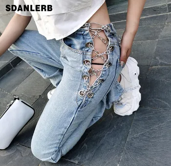 

Nancylim Hipster Side Cross Chain Hollow Out Wide-leg Jeans Streetwear Sexy Hollow Long Denim Pants Ladies Fashion Trousers