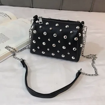 

women bag rivet Messenger Bag Small Square Shoulder Bags PU Leather solid Chain Crossbody Bags For Women sac main femme #