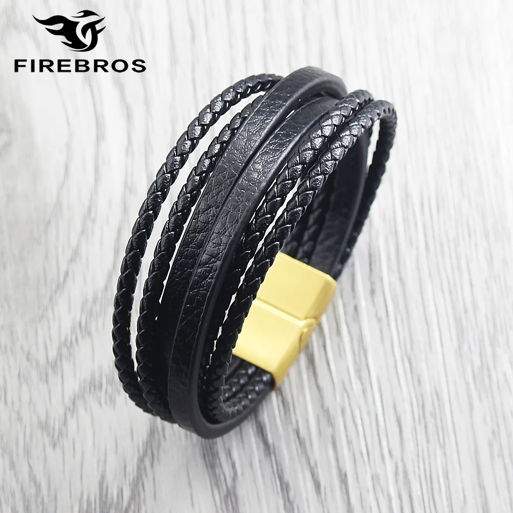 FIREBROS,, золотой цвет, нержавеющая сталь, магнитная застежка, 6 слоев, многослойный, натуральная кожа, браслет, мужской, рок, ювелирное изделие, подарок