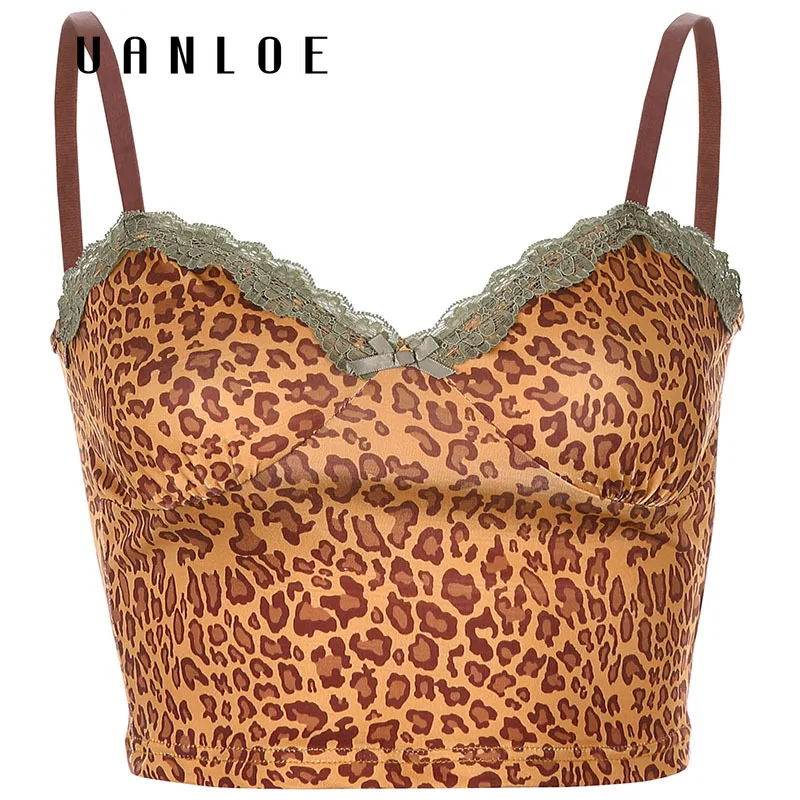 

Leopard Print Lace Edge Women Crop Top Summer Sexy Deep V-neck Fashion Tank Tops Sleeveless Spaghetti 90s Clubwear Vest