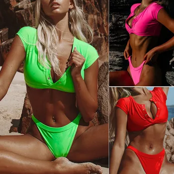

2020 New Button Bikini Solid Color Women's Swimsuit Sexy Split Swimsuit Bikini