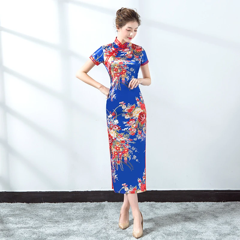 Sheng Coco леди синий шелк Cheongsam платья элегантный Шанхай Китай стильный с разрезом длинные Chipao XXXL