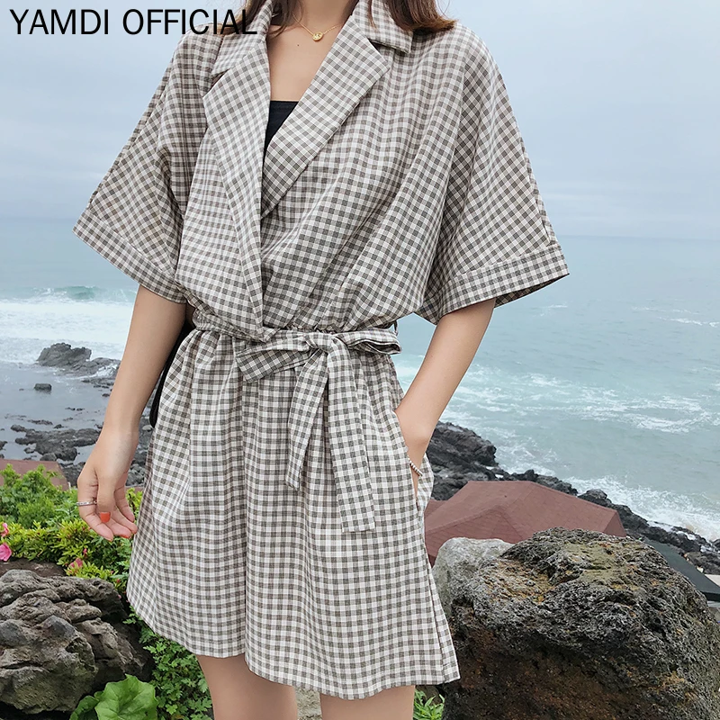 YAMDI новые модные Подиумные клетчатые комбинезоны Женская одежда с коротким рукавом Комбинезоны Комбинезон Корейский Ladise рабочая одежда Женский Игровой костюм
