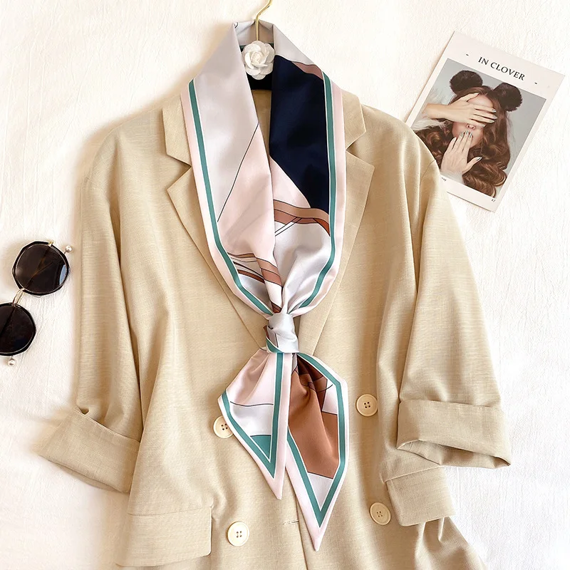 Длинный Шелковый тонкий шарф женский шейный платок для волос шарфы с принтом