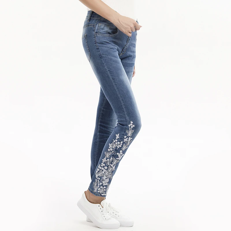 Stretch Embroidered Jeans For Women Elastic Flower Jeans Female Slim Denim Pants Pattern Jeans Pantalon Femme