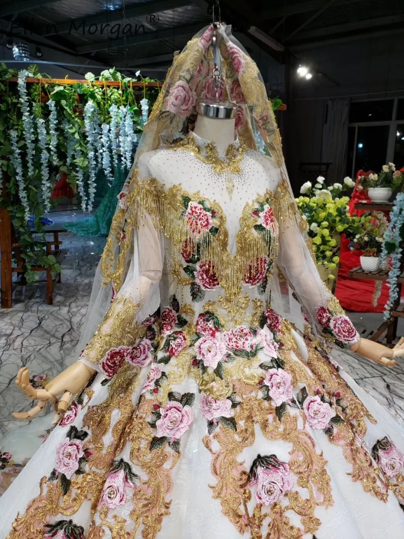 Arabic Vintage Colorful Wedding Dresses Puffy Lace High Neck Long Sleeves Applique Bridal Ball Gowns Vestido De Novia