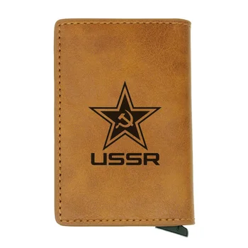 

Classic USSR Soviet Badges Sickle Hammer Rfid Card Holder Men Wallets CCCP Russia Emblem Communism Black Leather Short Purse