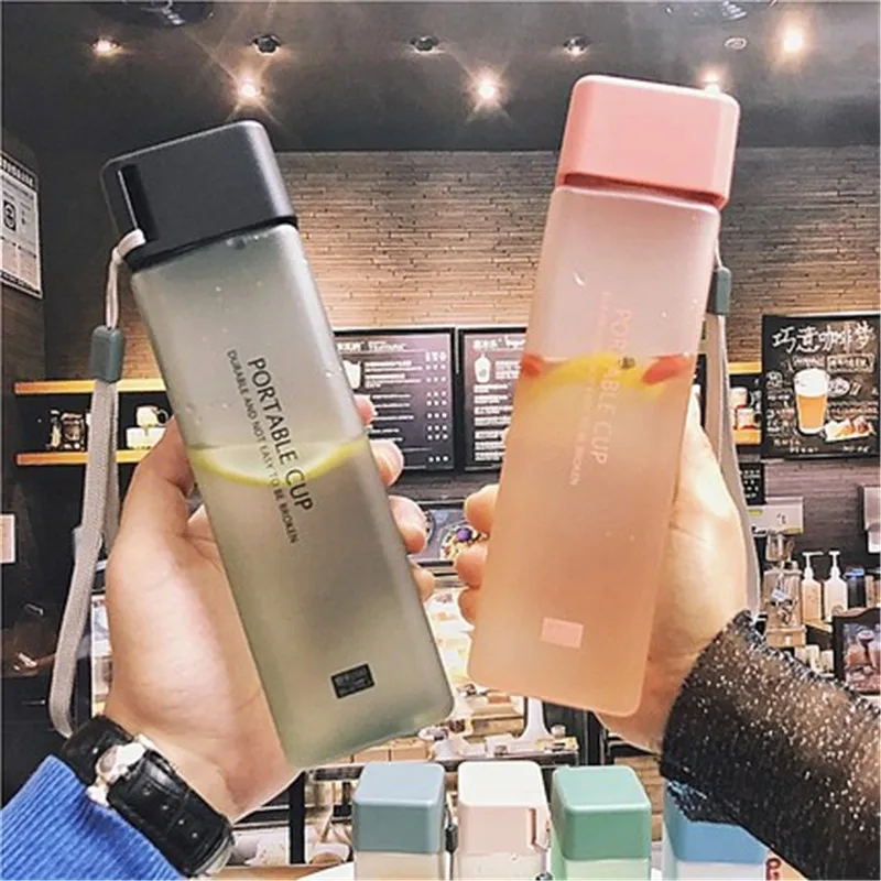 450ml Square Frosted Plastic Water Bottle Portable Transparent Bottle