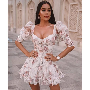 

New Summer Women Dress Lantern Short Sleeve Floral Mini Dress Vestidos Sexy V Neck Mesh Button Club Celebrity Runway Party Dress