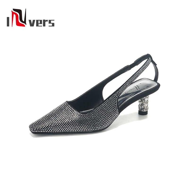 

Hot New Fashion Women Sandals Bling Square Toe Back Strap Crystal Round Thin High Heels Shoes Women