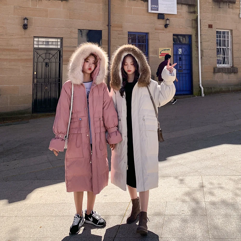 

Photo Shoot Fashionable over-the-Knee Long Cotton Overcoat 2019 Winter New Style Retro Laziness-Style Large Fur Collar Hooded Co