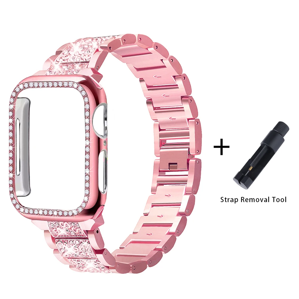Pink gold Add tools Ремешок+ чехол, металлический ремешок для Apple Watch Series 5, ремешок 40 мм, 44 мм, бриллиантовое кольцо 38 мм, 42 мм, браслет из нержавеющей стали iwatch 4/3/2/1 - Цвет ремешка: Pink gold Add tools