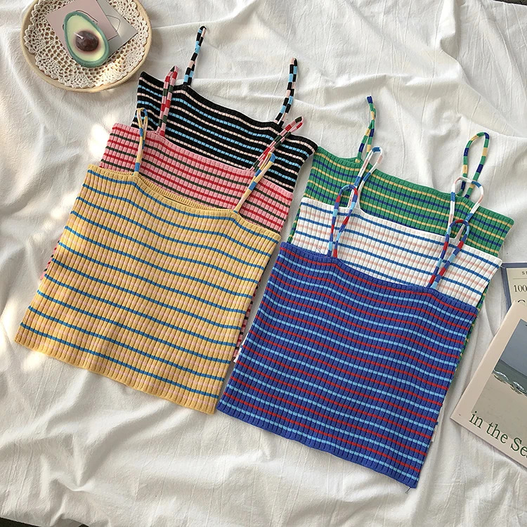 HELIAR Croped Spaghetti Camisole Rainbow Striped Knitted Camisole Summer Ladies Sleeveless Sexy Slim Femme Strapless Camis