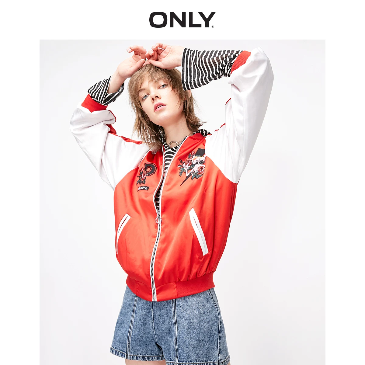 

ONLY Women's Short Loose Fit Pink Panther Print Embroidered Baseball Jacket | 119136572