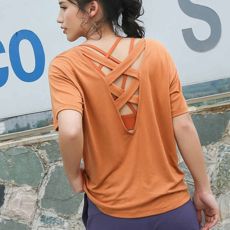 

PENERAN Modal Loose Yoga Top Dry Fit Sport Shirt Women 2019 Gym Workout Tops Breathable Sports Female T-shirt Cross Backless New