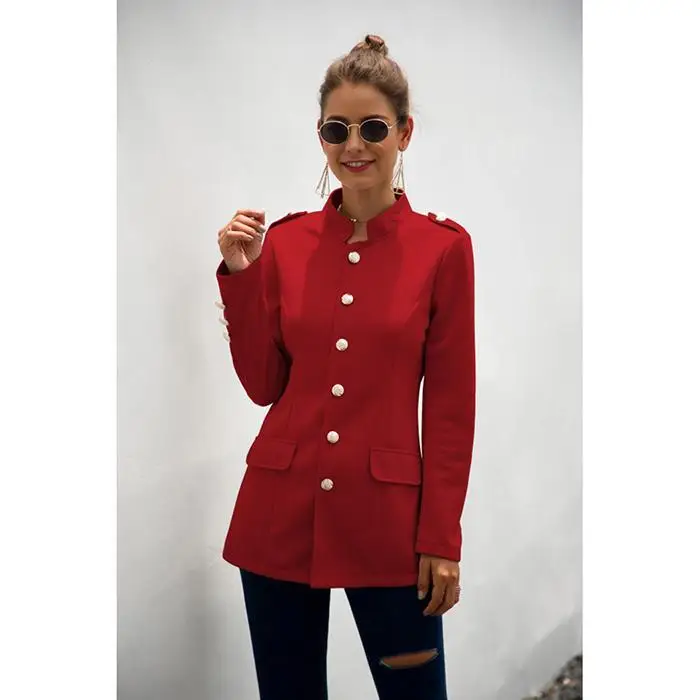Женская мода Slim Fit с одним нагрудным карманом на пуговицах, повседневный однотонный повседневный костюм пиджак с воротником-стойкой на осень