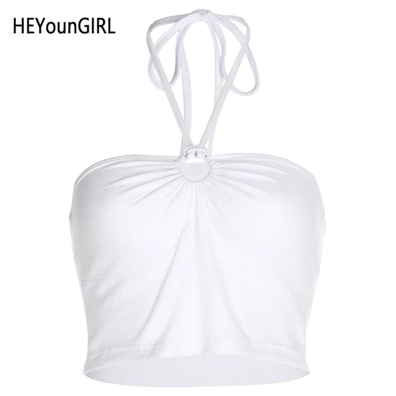 Белый HEYounGIRL Halter Sexy Crop Top Women Backless Sleevess Tank Tops Tees White Skinny Summer Vest Top Korean Style Streetwear - Цвет: Белый