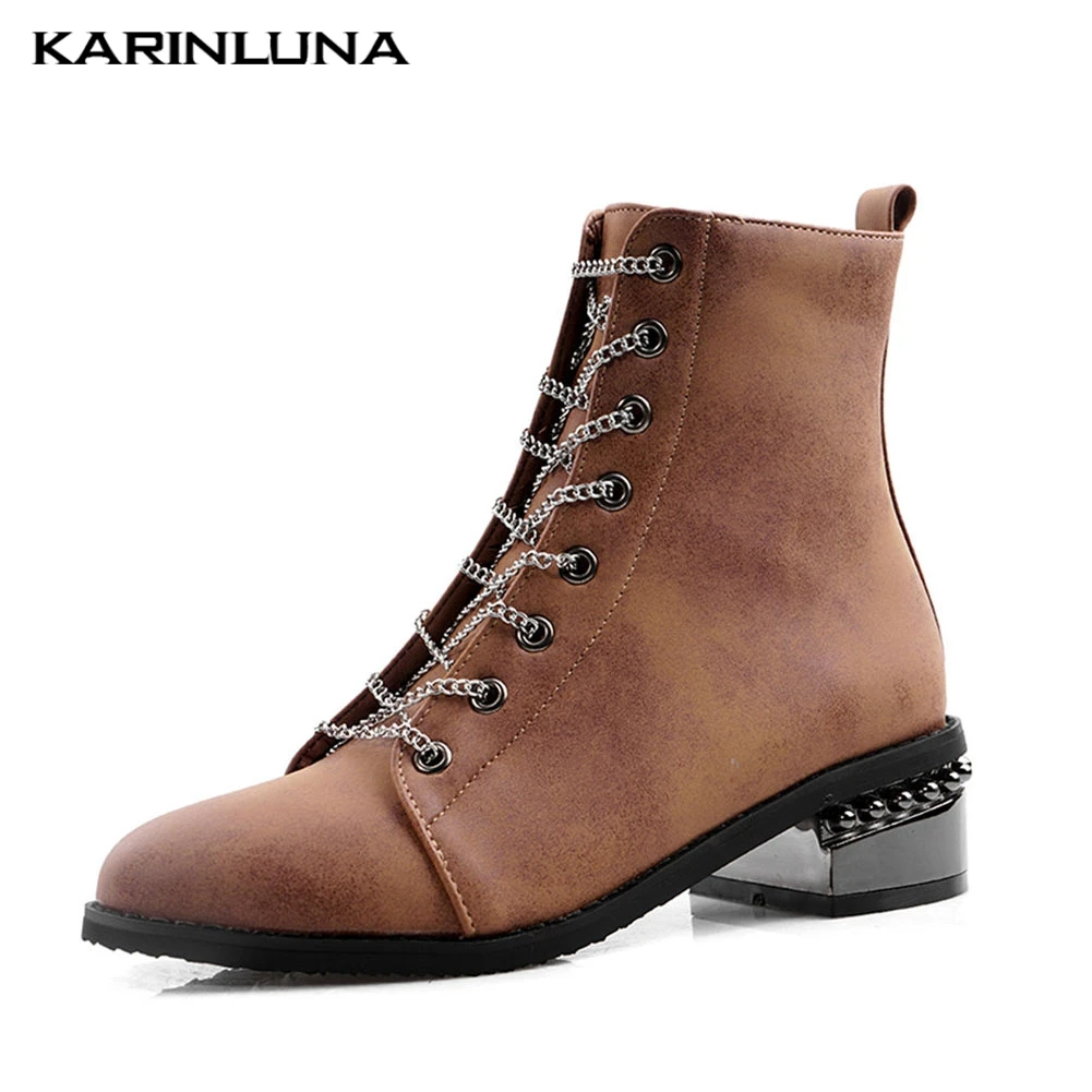 

Karinluna Large Sizes 32-48 2019 Dropship Add Fur Warm Winter Shoes Woman Boots Square Heels Shoelaces Women Ankle Boots Female