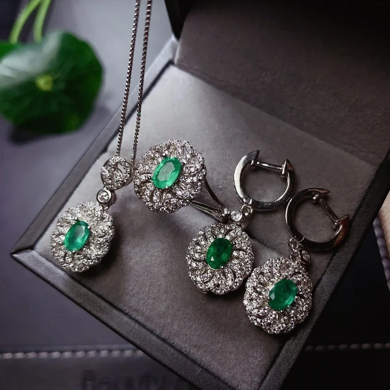Classic Emerald Wedding Jewelry Set 4*6mm 2ct Natural SI Grade Emerald Gemstone Jewelry Set Solid 925 Emerald Jewelry Set