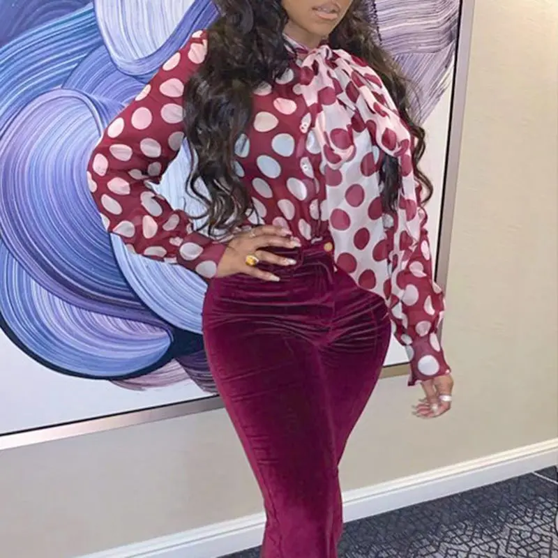 

African Women Pokla Dot Blouse Tops Shirts Summer 2020 Vintage Female Blouse Shirts Elegant Office Lady Work Wear Lace Up Shirts