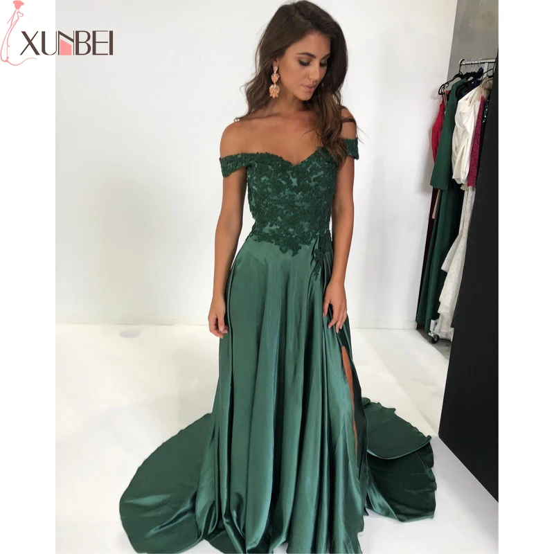 

Lace Off the Shoulder Bridesmaid Dresses 2019 A-Line High Split Backless Sexy Dress Satin Formal Wedding Party Dresses Guest