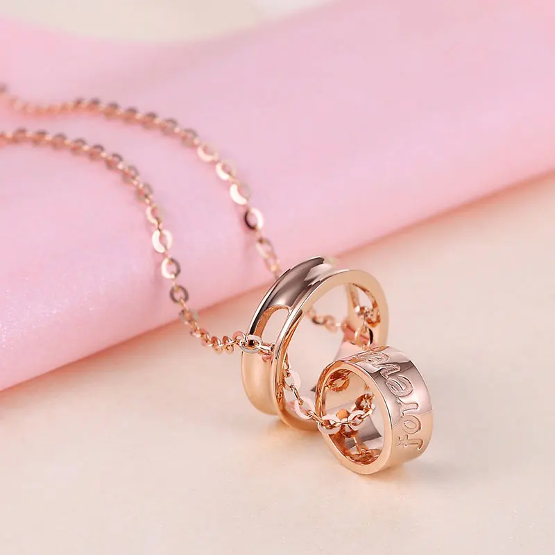 Elegant 2 Circle 18K Pure Real Solid Gold Forever Letters Charm Pendant Necklace Set For Women Girl Fancy Office Jewelry Gift
