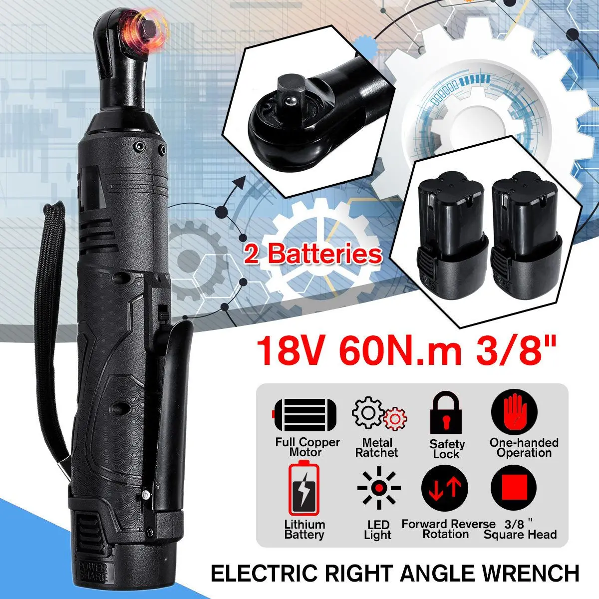 

18V Electric Wrench Kit 3/8 Cordless Ratchet Right Angle Rechargeable Scaffolding 60N.m Torque Ratchet with Battery LED Light